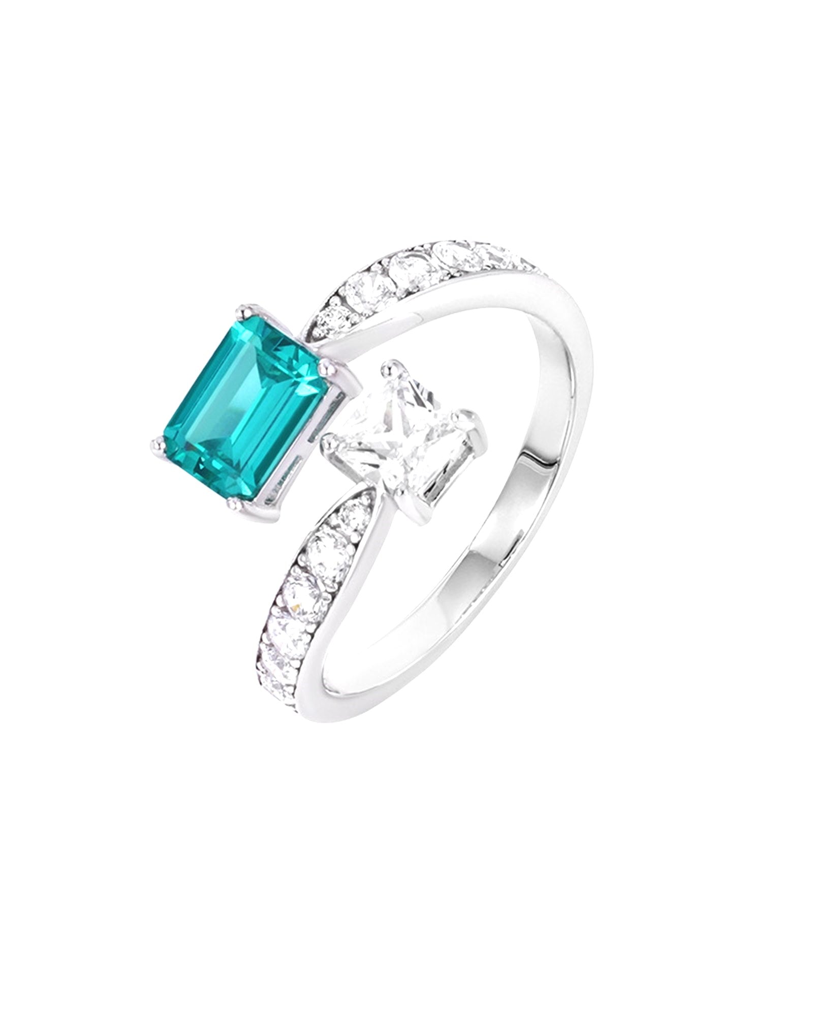 Paraiba Toi et Moi ring studio angle, Paraiba-blue and white stones on a pave band