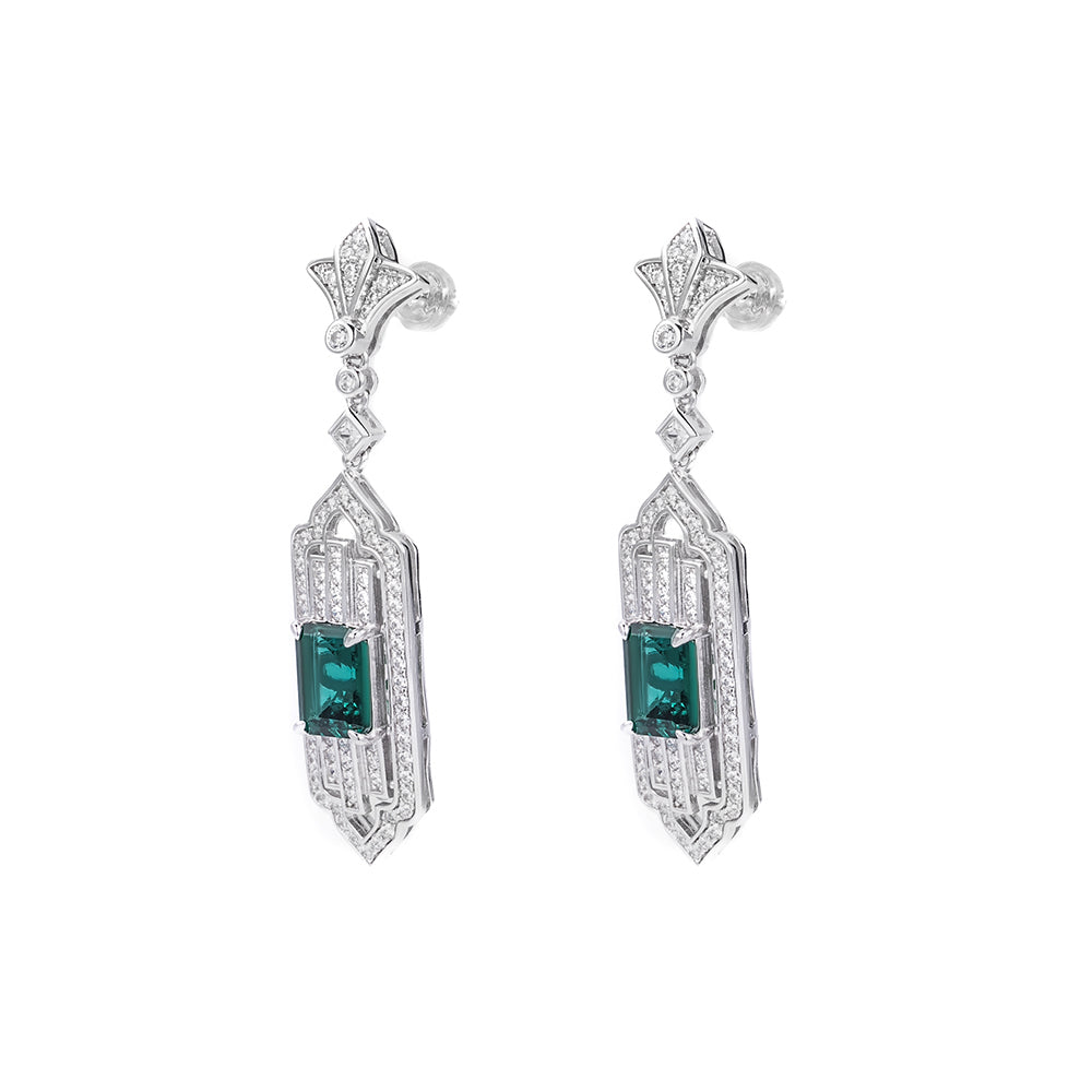 The Veridian Chrysler — matched emerald drop earrings in sterling silver, Art Deco design