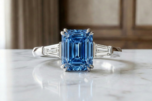 fancy vivid blue diamond ring with side baguette white diamonds