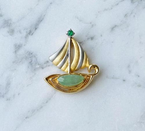 Bon Voyage Jade Brooch — gold-plated silver and natural jade brooch, Artisan Jade Collection