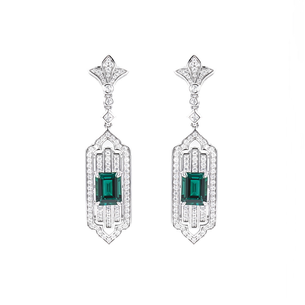 The Veridian Chrysler — matched emerald drop earrings in sterling silver, Art Deco design