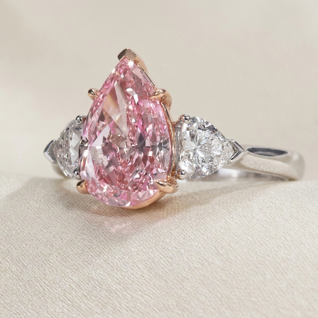 a trilogy diamond ring with fancy vivid pink diamond pear cut and white side diamonds on a platinum band 