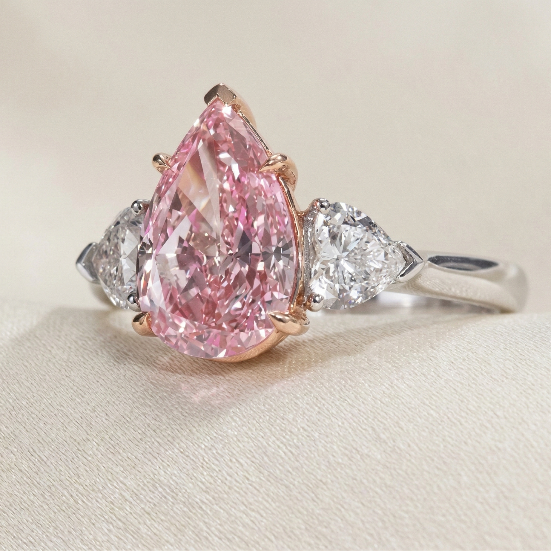 a trilogy diamond ring with fancy vivid pink diamond pear cut and white side diamonds on a platinum band 