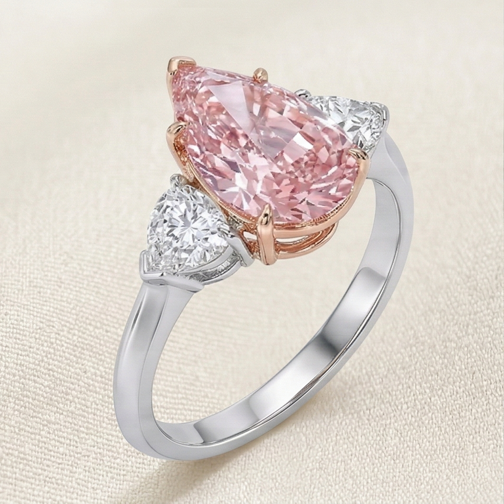 a trilogy diamond ring with fancy vivid pink diamond pear cut and white side diamonds on a platinum band 