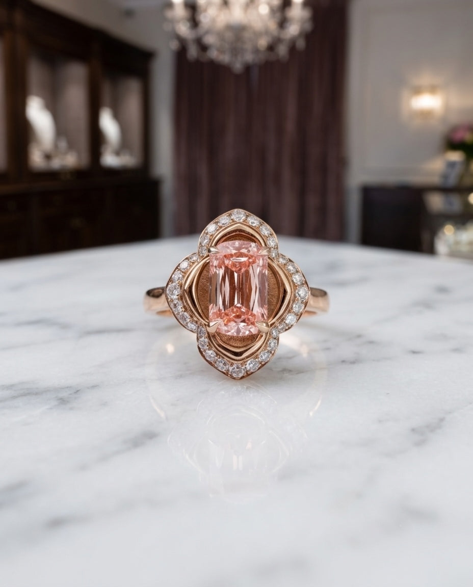 The Pink Blossom — pink lab-grown diamond ring with a four-petal white diamond halo in 18K rose gold, on a marble table