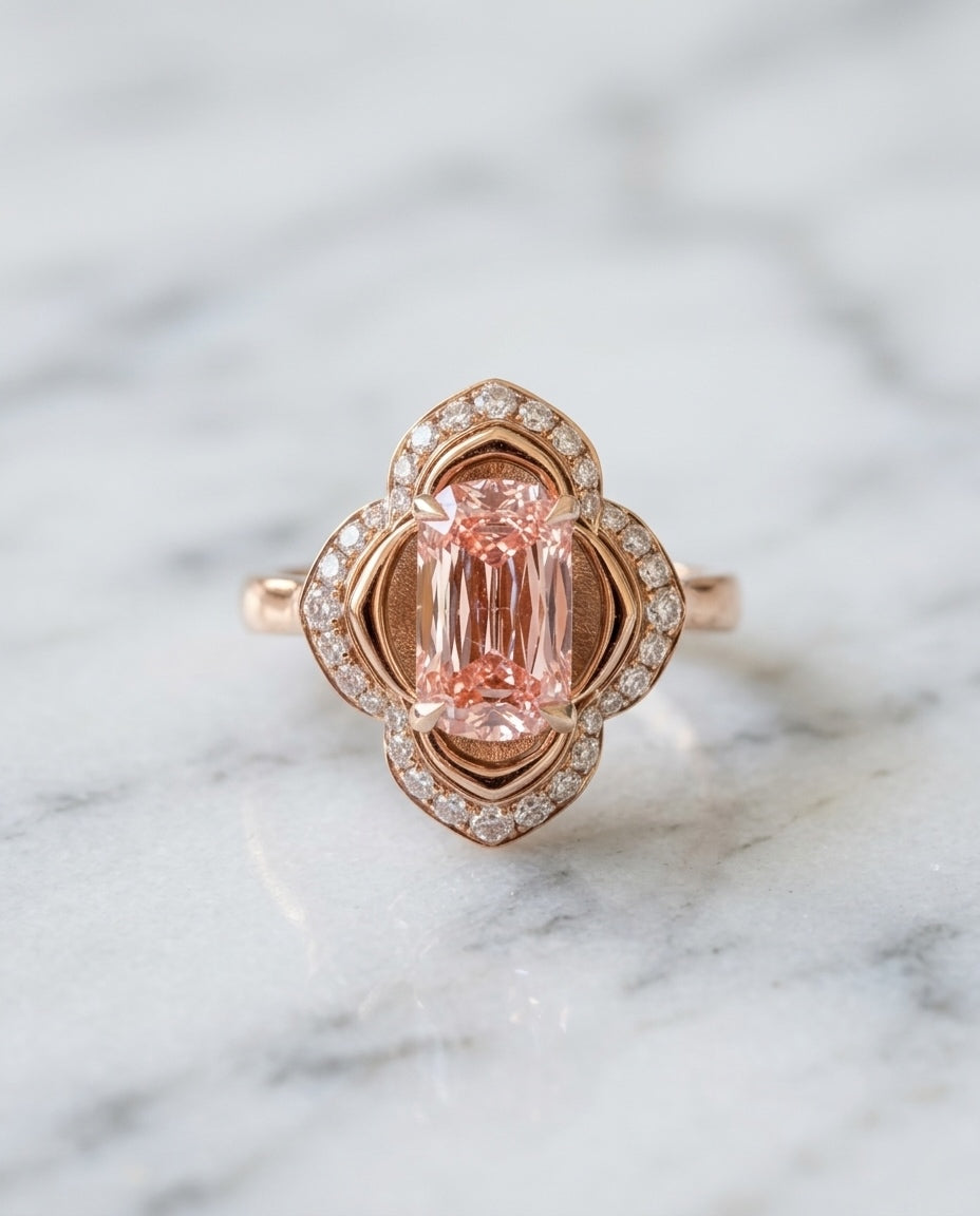 Close-up front view of The Pink Blossom pink diamond ring on white marble