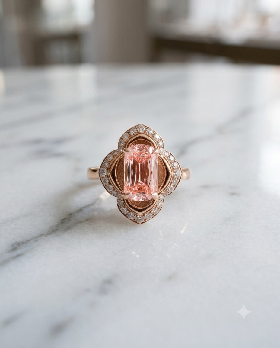 The Pink Blossom ring resting on a marble table with a softly blurred interior background