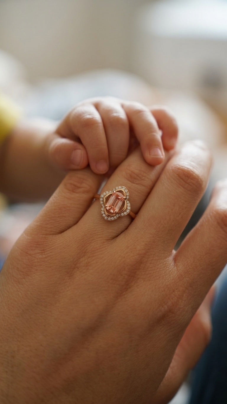A mother's hand wearing The Pink Blossom ring with her baby's hand resting on top