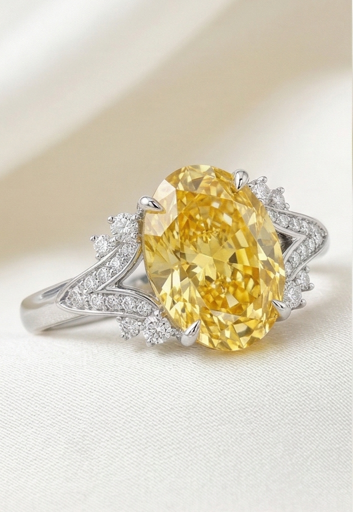 Close-up of The Sunburst ring's oval yellow diamond and round brilliant diamond accents