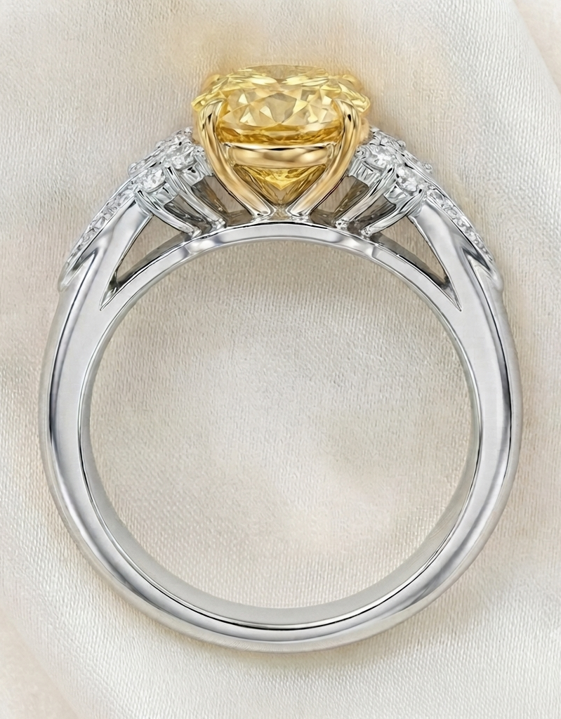 Side profile of The Sunburst ring showing the 18K white gold split-shank setting