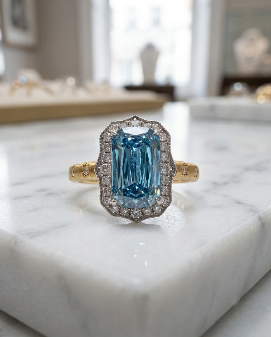 The Tidal Vow blue diamond halo ring, front view in 18K gold
